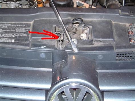 Can release the hood from inside the car and the t handle moves the mechanism on the left side of the latch but the secondary hood release does not disengage. . Volkswagen jetta hood release broken